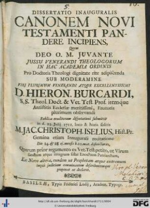 Dissertatio Inauguralis Canonem Novi Testamenti Pandere Incipiens