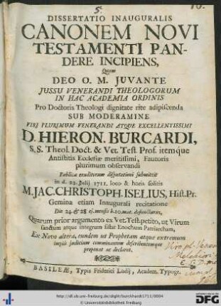 Dissertatio Inauguralis Canonem Novi Testamenti Pandere Incipiens