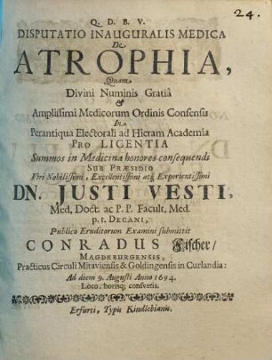 Disputatio Inauguralis Medica De Atrophia