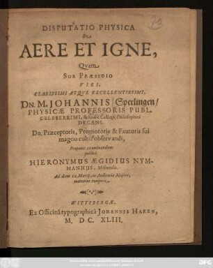 Disputatio Physica De Aere Et Igne