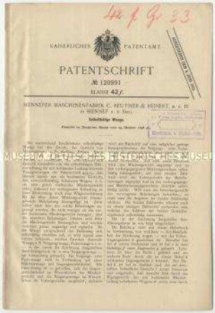 Patentschrift einer selbsttätigen Waage, Patent-Nr. 120991