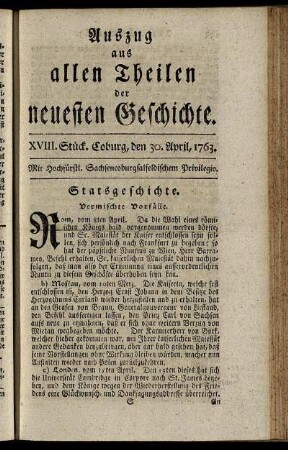 XVIII. Stück. Coburg, den 30. April, 1763.