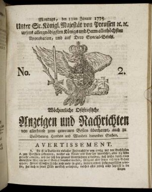 No. 2. Montags, den 11ten Januar 1773.