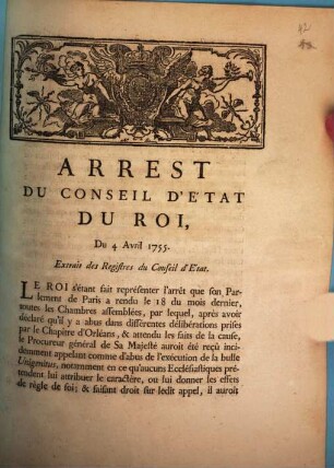 Arrest Du Conseil d'Etat Du Roi, Du 4 Avril 1755 : Extrait des Registres du Conseil d'Etat