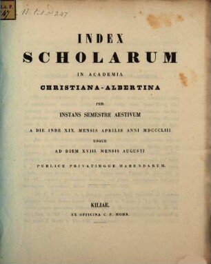 Index scholarum in Academia Regia Christiana Albertina, SS 1853