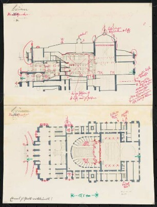 Stadttheater, Brünn: Grundriss und Längsschnitt