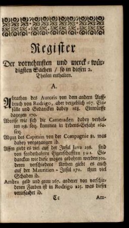 Register Der vornehmsten und merck-würdigsten Sachen/ so in diesen 2. Theilen enthalten