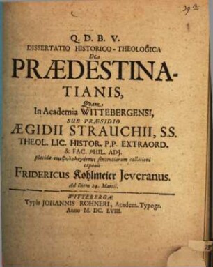 Dissertatio HistoricoTheologica De Praedestinatianis