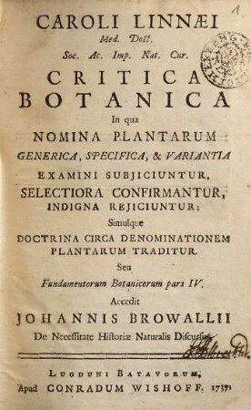 Caroli Linnaei Critica botanica in qua nomine plantarum generica, specifica & variantia examini subjiciuntur, selectiora confirmantur, indigna rejiciuntur; simulque doctrina circa denominationem plantarum traditur : seu Fundamentorum botanicorum pars IV