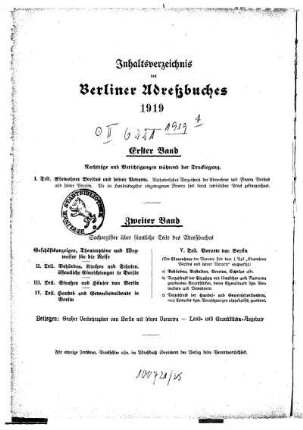 Inhaltsverzeichnis des Berliner Adreßbuches 1919