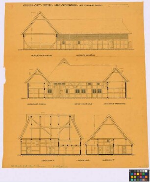 Groß Horst (Kreis Greifenberg): Hof Johannes Haack. - Scheune (Querschnitt). - Kuhstall (Hof-Seiten-Ansicht, Querschnitt). - Wohnhaus (Hof-Seiten-Ansicht, Längsschnitt, Querschnitt). - Pferdestall (Querschnitt)