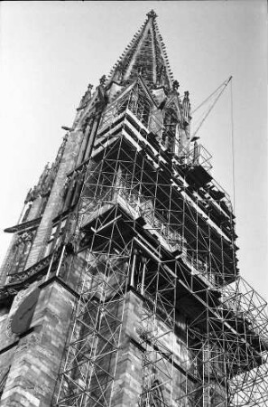 Freiburg: Münsterturm im Gerüst, von Südwesten