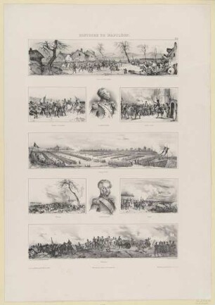 Schlachtenszenen mit Napoleon und den Bildnissen von Cambronne und Labédoyere