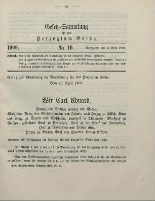 10. Gesetz zur Abänderung der Bauordnung für das Herzogtum Gotha. Vom 10. April 1909