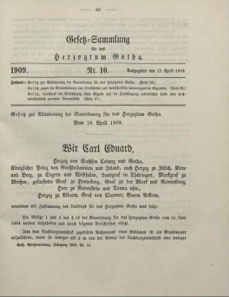 10. Gesetz zur Abänderung der Bauordnung für das Herzogtum Gotha. Vom 10. April 1909