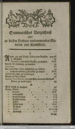 Summarisches Verzeichniß aller in diesem Traktate vorkommenden Materien und Kunststücke
