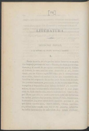 Lejos del hogar. : Literatura. A la señorita de Juana Manuela Gorriti.