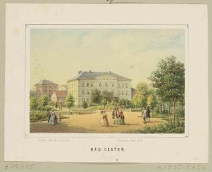 Die Hotels Prinz von Preussen (im Hintergrund) und Sächsischer Hof in Bad Elster im Vogtland, aus einer Farblithographiefolge der Sehenswürdigkeiten und Hotels von Bad Elster und Umgebung