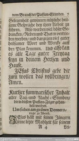 Kurtzer summarischer Inhalt aller Tag- und Nacht-Stunden, die in diesem Passions-Zeiger gehandelt werden