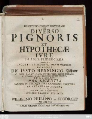 Dissertatio Ivridica Inavgvralis De Diverso Pignoris Et Hypothecæ Ivre