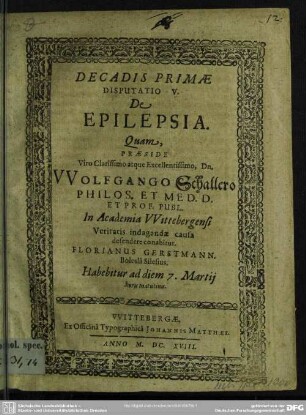 Decadis primae Disputatio 5 de epilepsia : 7. Mart.1618