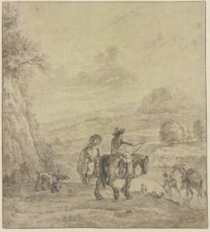 Zwei Reiter an einem Wasser, durch welches ein bepackter Esel geführt wird