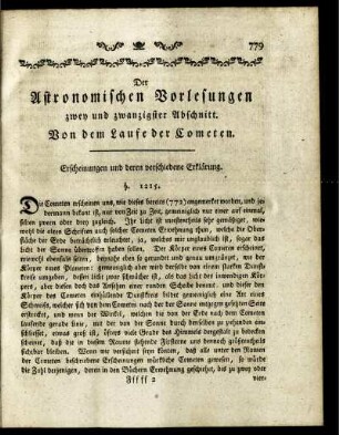 Der Astronomischen Vorlesungen zwey und zwanzigster Abschnitt. Von dem Laufe der Cometen.