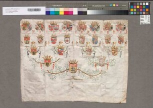 16er-Wappenahnentafel der Gräfin von Waldburg-Wolfegg. Ohne Namen, ohne Urkundentext, ohne Siegel.