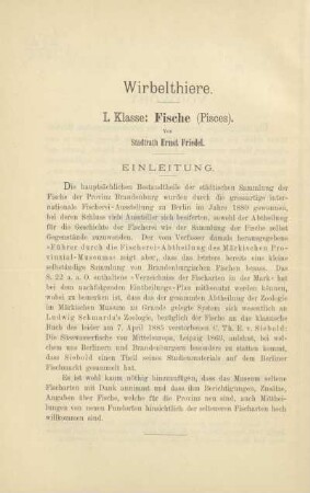 Wirbethiere. I. Klasse: Fische (Pisces)