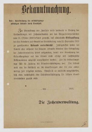 "Bekanntmachung: Betr.: Unterbrechung des entschädigungspflichtigen Urlaubs durch Krankheit."