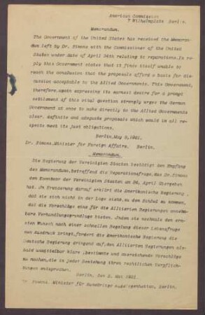 Erklärung der amerikanischen Regierung auf ein Memorandum von Walter Simons, Forderung nach deutschen Vorschlägen zur Lösung der Reparationsfragen