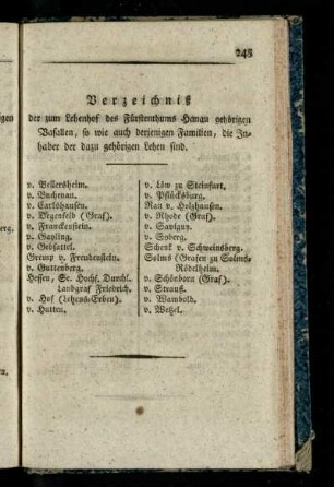 Verzeichniß der zum Lehenhof des Fuerstenthums Hanau gehoerigen Vasallen, so wie auch derjenigen Familien, die Inhaber der dazu gehoerigen Lehen sind