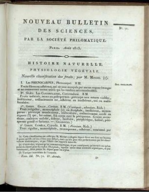 Nouveau Bulletin des Sciences, par la Société Philomatique. Paris. Aout 1813., 71