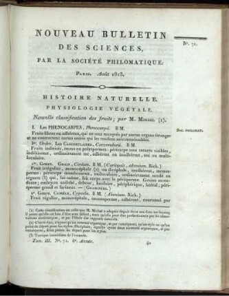 Nouveau Bulletin des Sciences, par la Société Philomatique. Paris. Aout 1813., 71