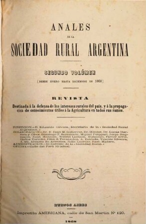 Anales de la Sociedad Rural Argentina : revista pastoril y agrícola. 2, 2. 1868