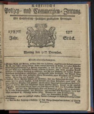 53tes Stueck, Montag den 31ten December. 1787