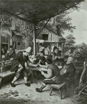 Vor der Schänke (Bauern in einer Sommerlaube) : Ostade, Adriaen van: Vor der Schänke (Bauern in einer Sommerlaube). Haarlem, 1676. Öl & Eichenholz; 38,5 x 32,5 cm. Gemäldegalerie Alte Meister Kassel GK 277
