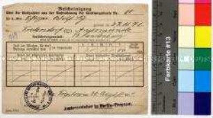 Bescheinigung der Quittungskartenausgabestelle Berlin-Treptow über geleistete Beitragswochen des Schlossers Adolf Sy für die Rentenversicherung