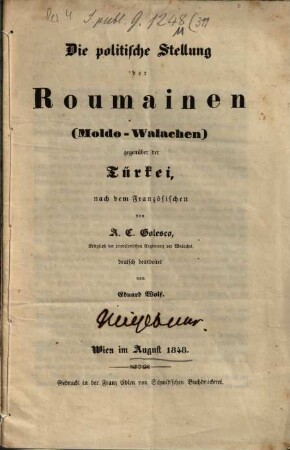 Die politische Stellung der Roumainen (Moldo-Walachen) gegenüber der Türkei