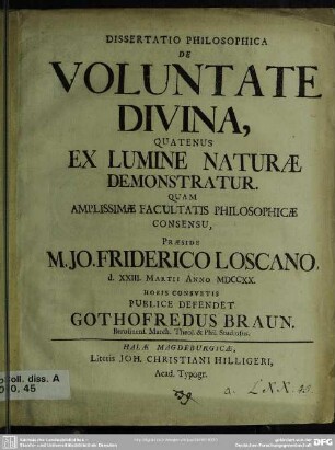 Dissertatio Philosophica De Voluntate Divina, Quatenus Ex Lumine Naturae Demonstratur ...