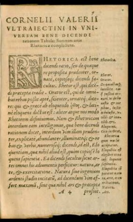 Cornelii Valerii Ultraiectini In Universam Bene Dicendi rationem Tabula: Summam artis Rhetoricae complectens.