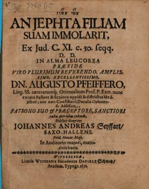 An Jephta filiam suam immolarit, ex Iud. XI, c. 30. seqq.