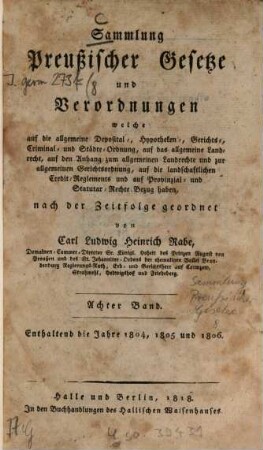 Sammlung preussischer Gesetze und Verordnungen, welche auf die allgemeine Deposital-, Hypotheken-, Gerichts-, Crimminal- und Städte-Ordnung, auf das allgemeine Landrecht Bezug haben. 8. 1804/06 (1818)