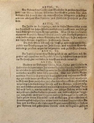 Friedens-Articul Welche zwischen Der Durchlauchtigsten Republic Venedig/ an einem/ Und Der Hohen Ottomannischen Pforten an andern Theil Zu Carlowitz in Sirmien den 26. Jan. 1699. geschlossen worden
