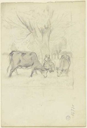 Weidende Kühe mit Bäuerin