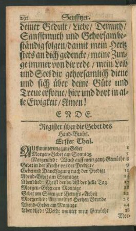 Register über die Gebet des Hand-Buchs.