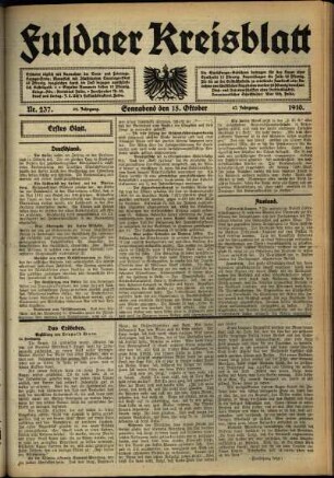 Erste Ausgabe vom Samstag, den 15. Oktober 1910.