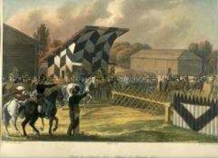 Militärdarstellung, Barriere und Palisaden an der Straße von Gshatsk, durchziehende napoleonische Soldaten am 5. September 1812, Napoleons Russlandfeldzug, 1812. Tafel 52 aus: Faber du Faur: Mit Napoleon in Rußland 1812.