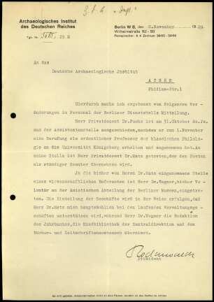 G. Rodenwaldt an DAI Athen