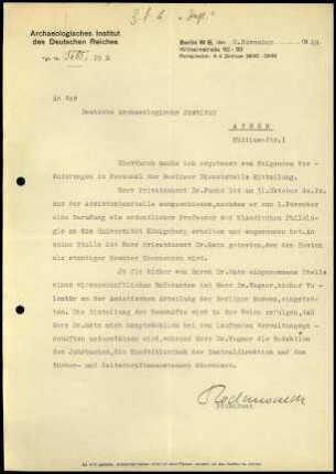 G. Rodenwaldt an DAI Athen